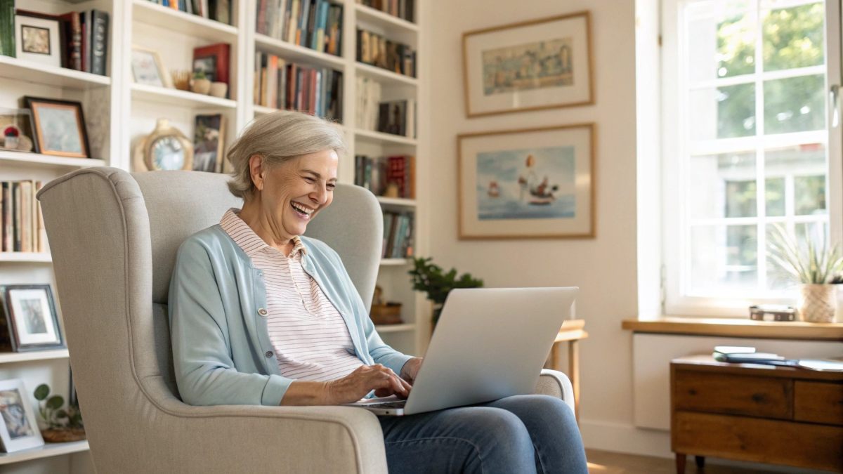 A smiling retired woman in her 60s wearing casual but stylish clothes