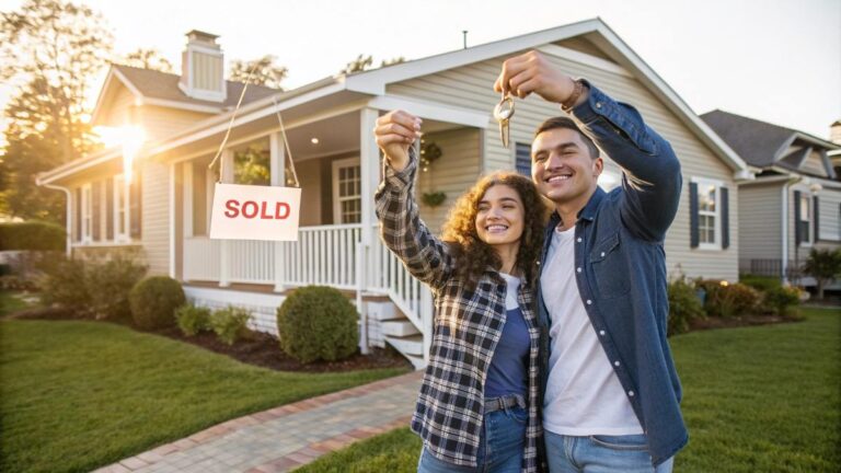 A smiling young couple standing in front of a charming small house,