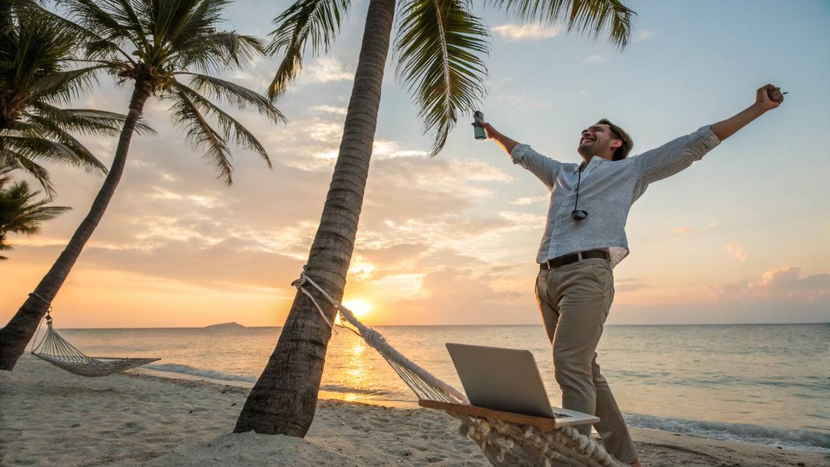 A smiling young man in his 30s standing confidently on a beautiful tropical beach at sunset,