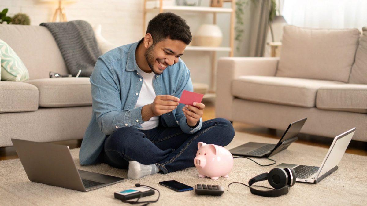 A smiling young man sits cross-legged on his living room floor