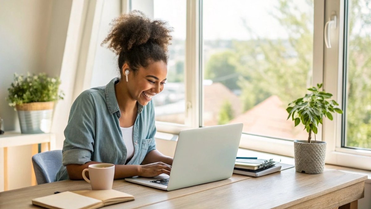 A smiling young woman with an enthusiastic expression sits at a stylish home office desk