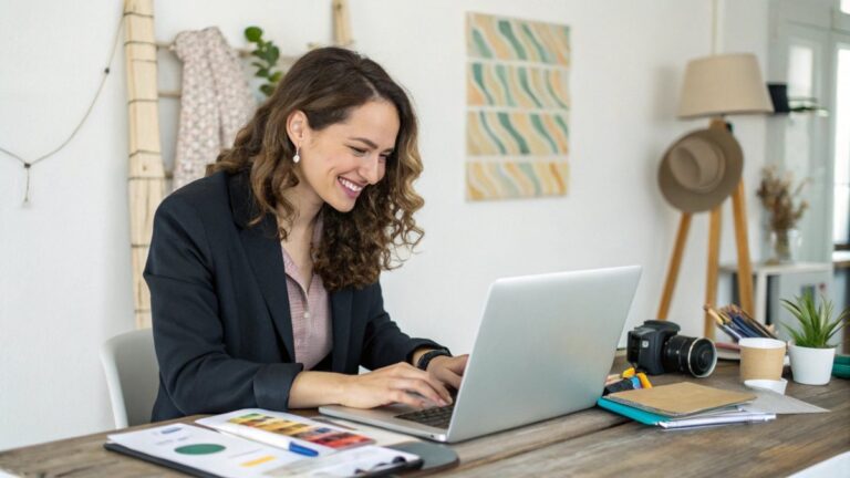 A stunning photo of an attractive, confident woman in her 30s sitting at a desk