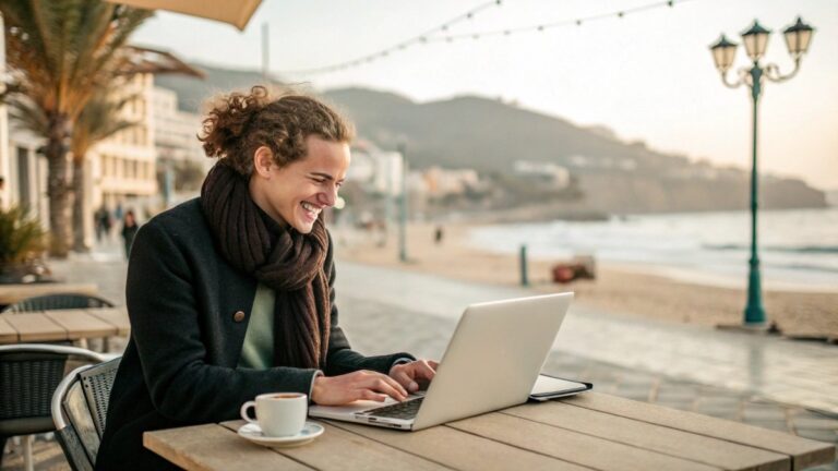 A vibrant, dynamic image showing a smiling young professional happily