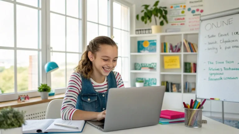 A visually striking photo of a smiling teenage girl or boy sitting at a laptop computer