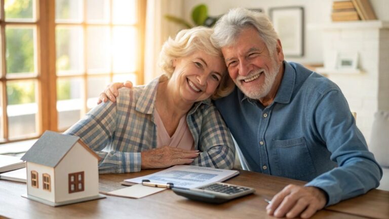 An older retired couple in their 60s or 70s sitting together at a table