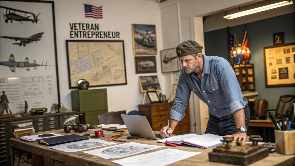 Capture an image of a determined and focused veteran entrepreneur in their natural work environment,