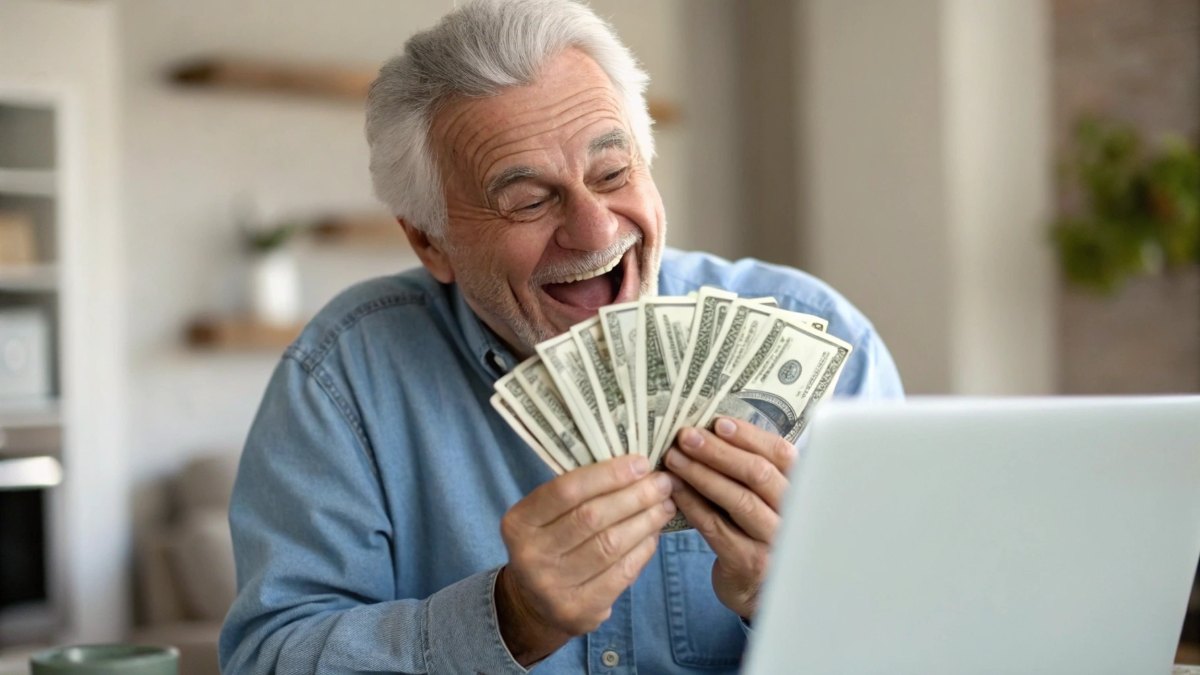 Close up portrait of an excited, smiling old man in her 20s holding a stack of $100 bills fanned out in front of her face