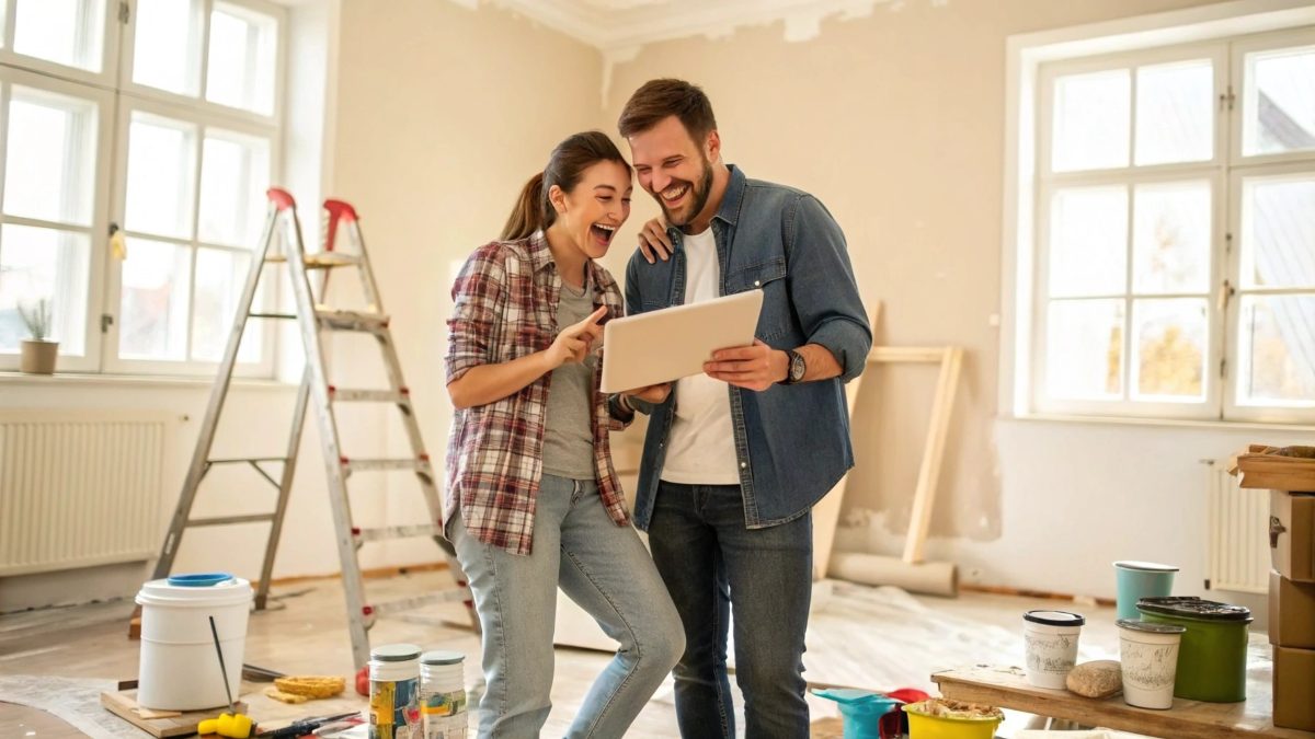 Detailed high-quality professional interior photo of an excited couple standing in the middle