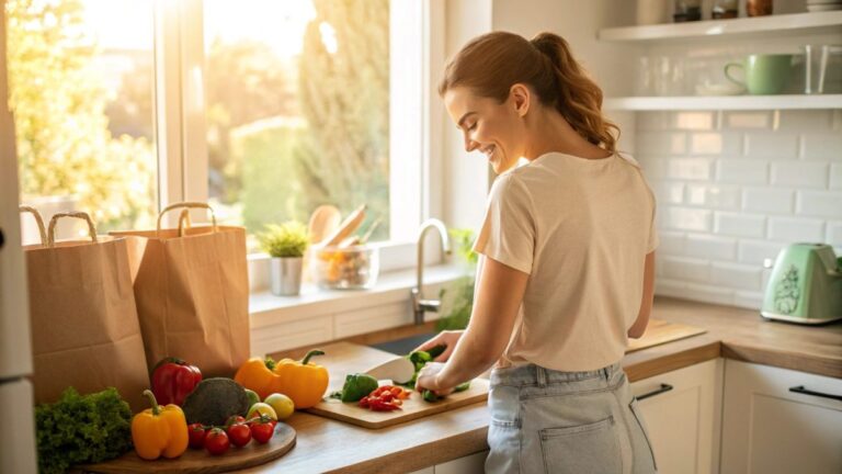 Detailed photorealistic image of an attractive young woman in a sun-drenched kitchen