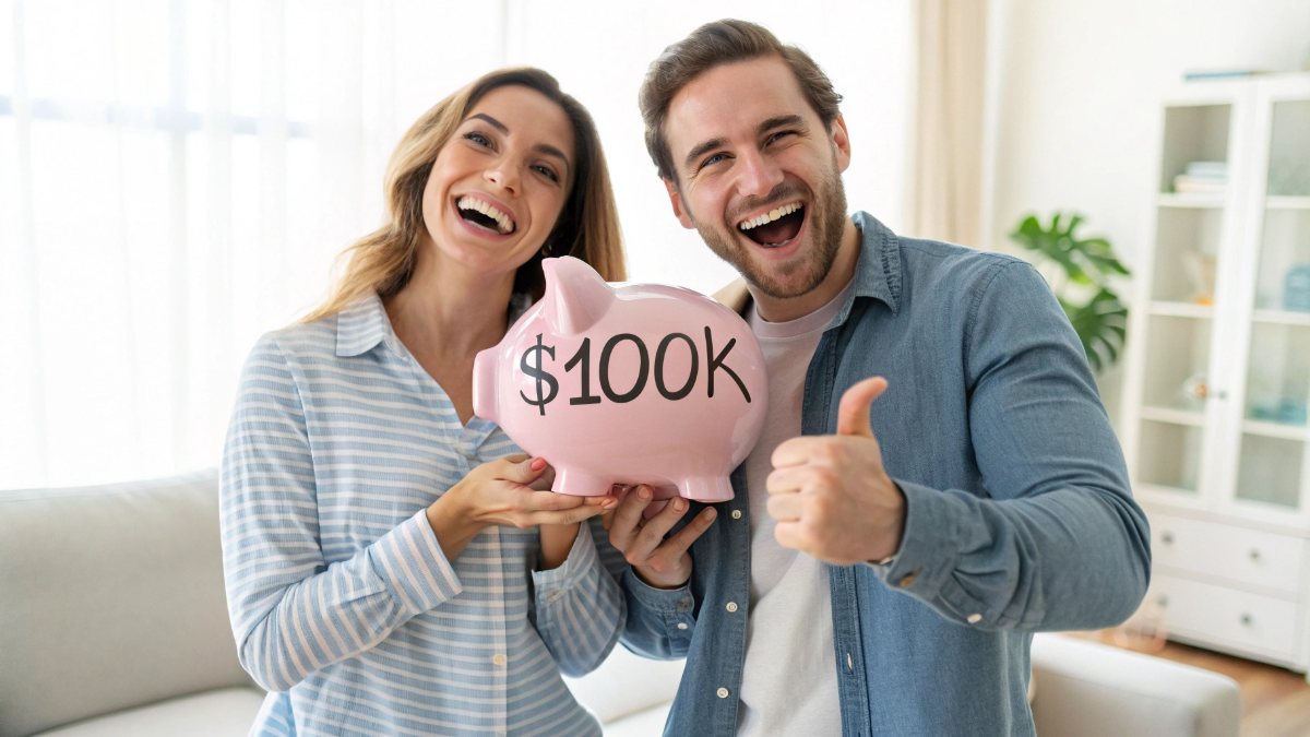 Excited, happy young adult couple standing together, smiling at the camera confidently