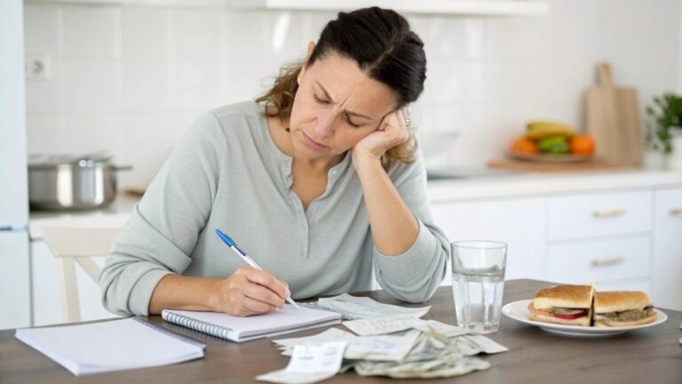 Image of a thoughtful middle-aged woman sitting at a kitchen table