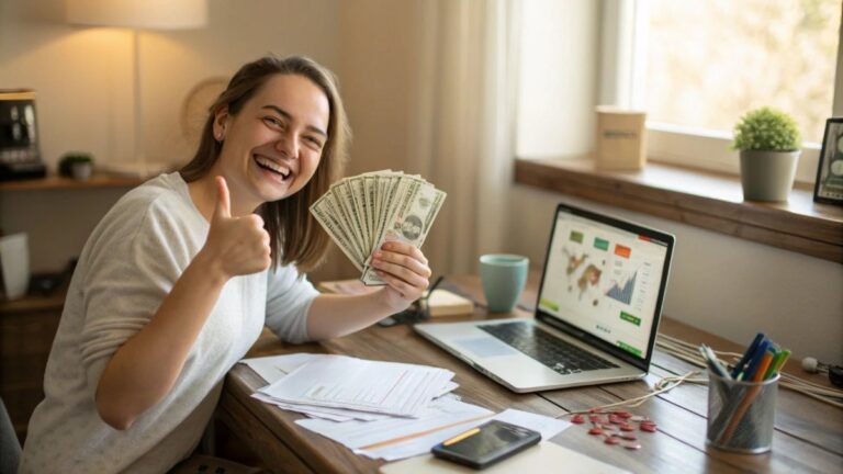 Photorealistic image of a happy, determined-looking woman in her 20s sitting at a