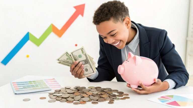 Portrait of a happy, successful young professional holding a piggy bank and looking proudly