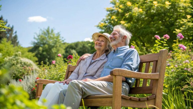 Smiling elderly couple in their 60s sitting together on a wooden bench in a lush