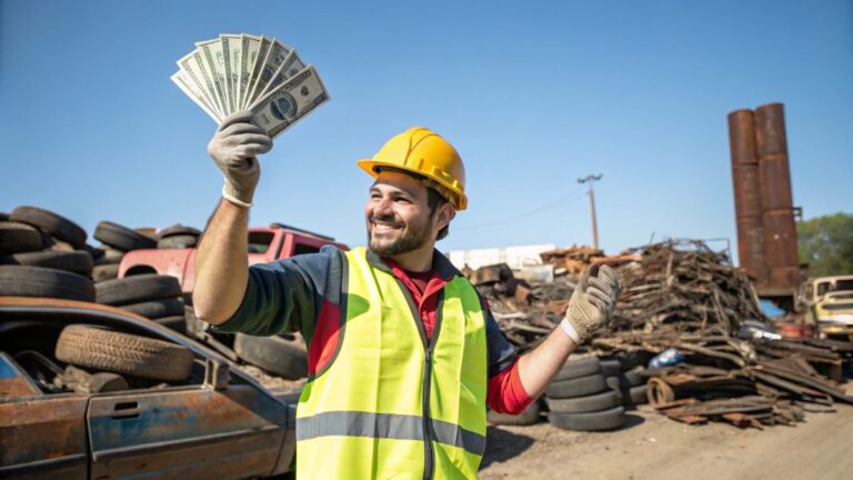 Smiling man in hardhat and high-visibility vest proudly holding up a wad of dollers