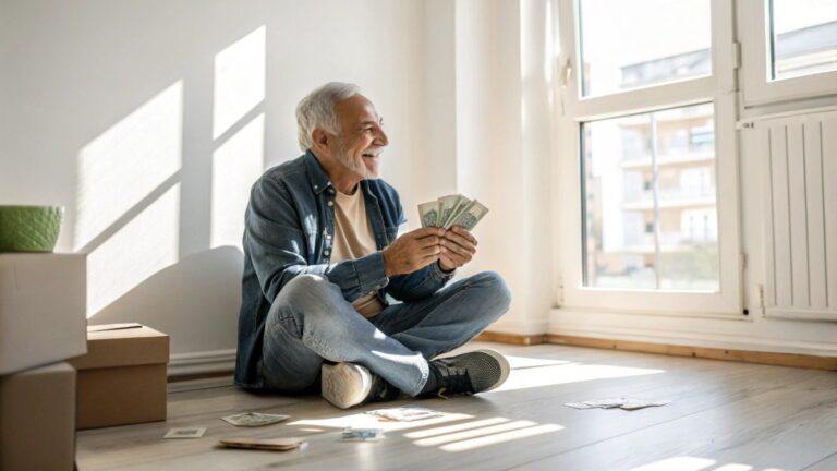 Smiling old man in casual clothing sitting cross-legged on the floor of a minimalist, cozy apartment