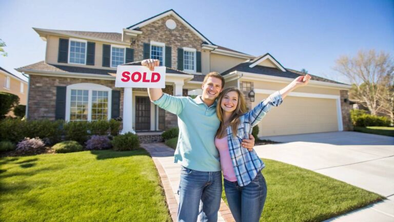 Smiling young couple standing in front of a beautiful single-family home