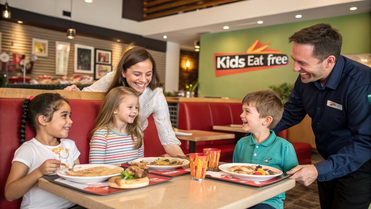 A cheerful family of four, with two young children, sitting together at a restaurant table