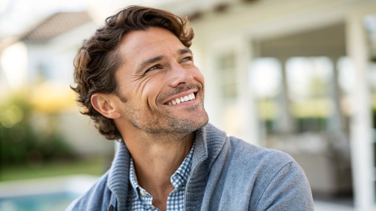 A close-up portrait of a confident, happy 35-year-old man or woman with an expression of