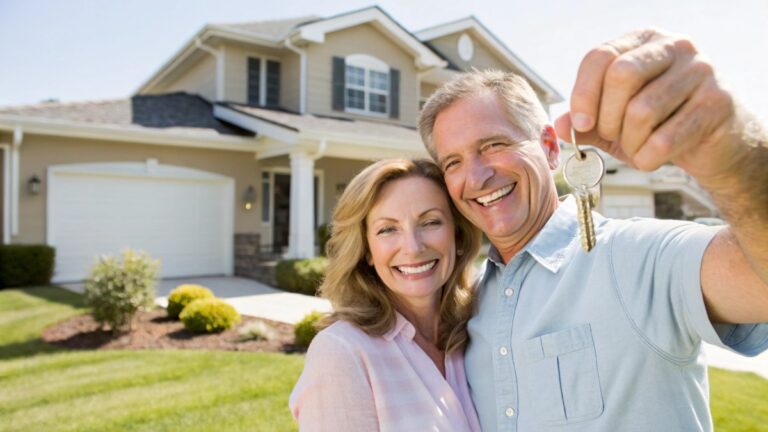 A close up portrait of a happy middle-aged couple proudly holding