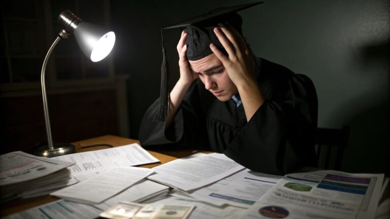 A close-up portrait of a young college graduate looking worried and stressed