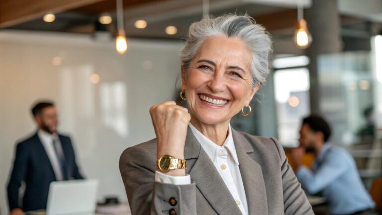 A close-up portrait photo of a smiling senior businesswoman in her 60s