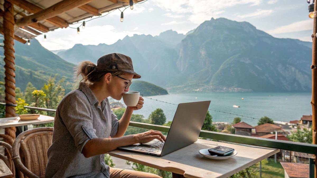 A digital nomad working on a laptop with a stunning mountain landscape