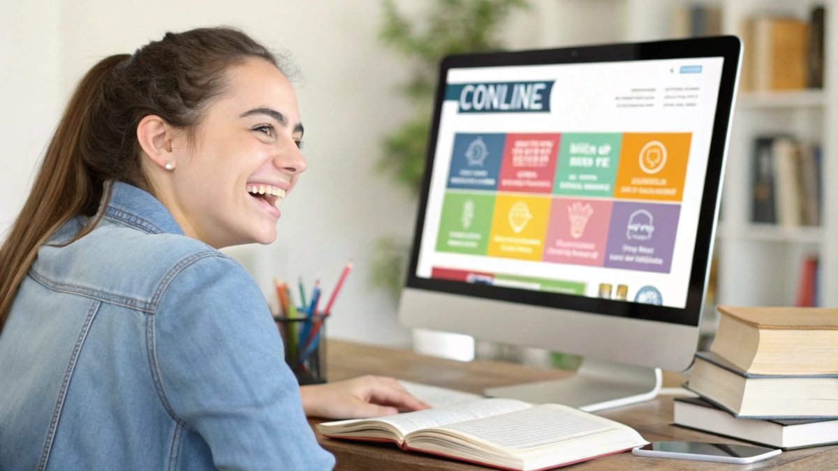 A friendly, smiling young woman sitting at a computer with an expression