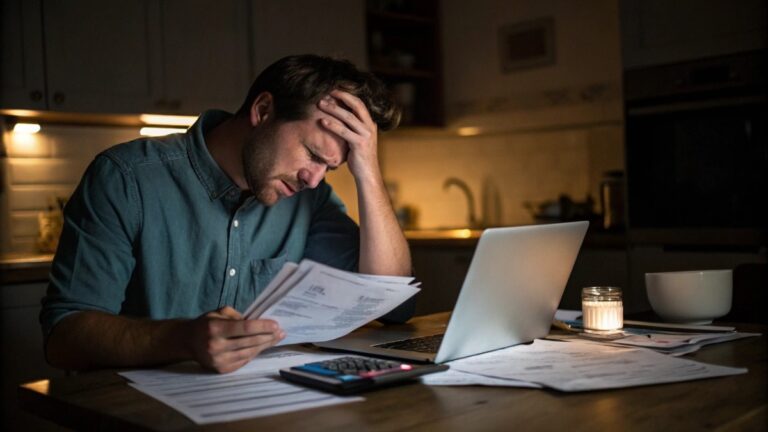 A frustrated looking man intensely studying a stack of bills and