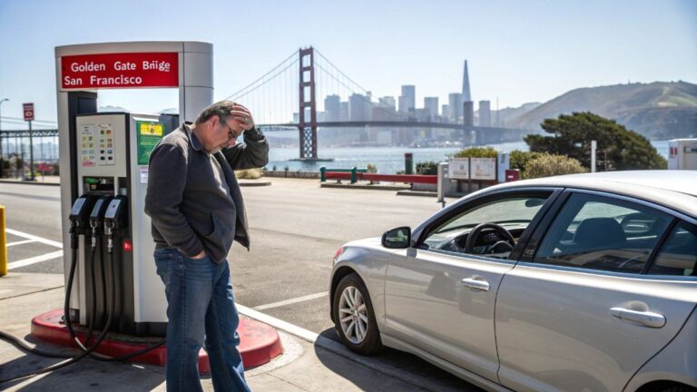 A frustrated man standing next to his car at a gas station