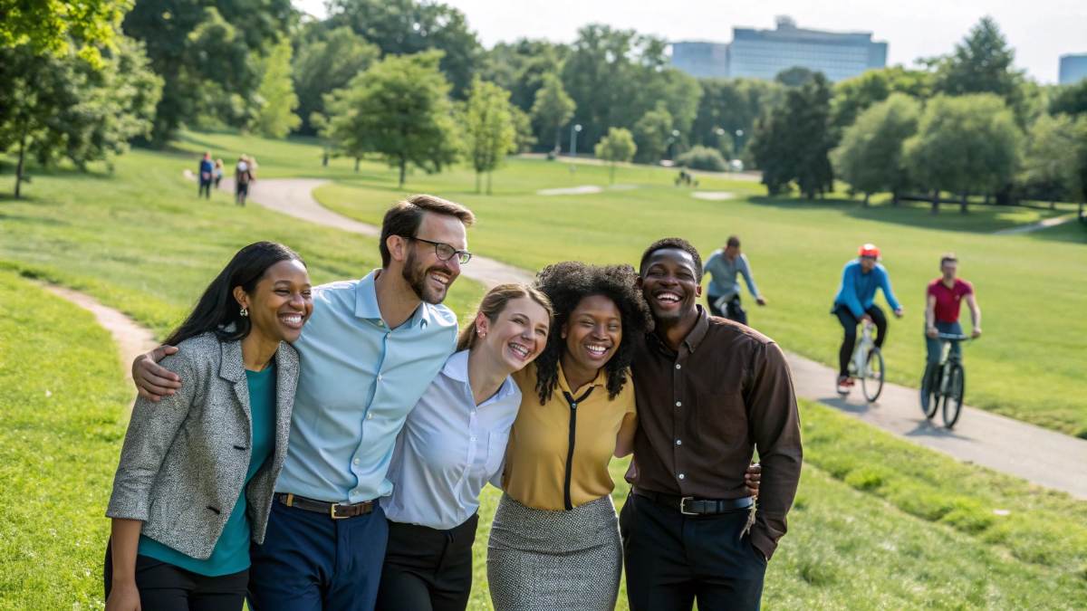 A group of diverse, smiling office workers standing together outdoors