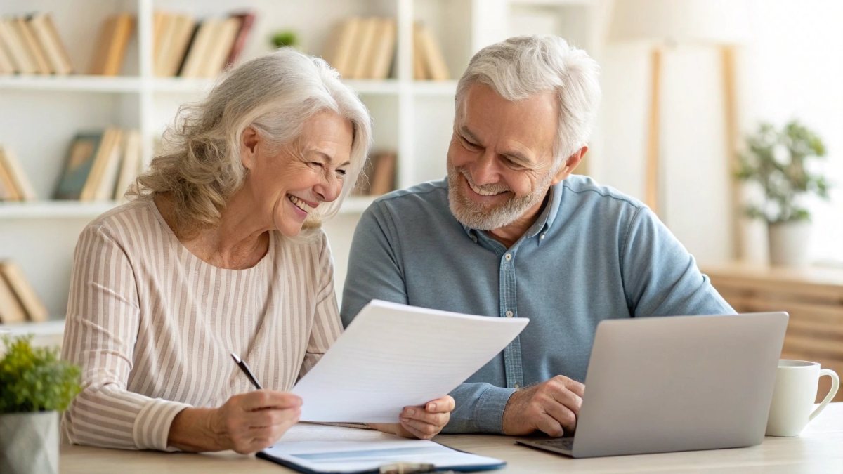 A happy and confident elderly couple in their 70s sitting