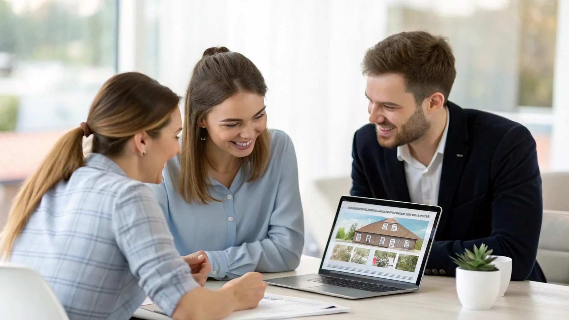 A professional real estate agent and a couple sitting at a table