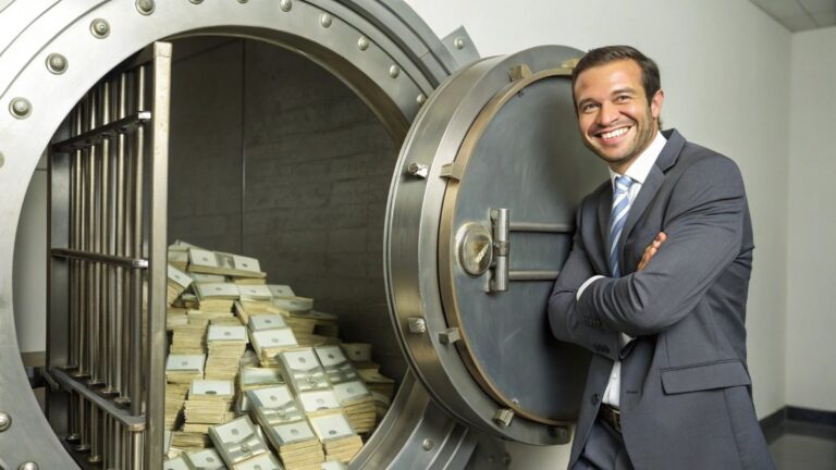 A smiling, confident high-income professional in a business suit standing in front of a giant vault door that's slightly ajar