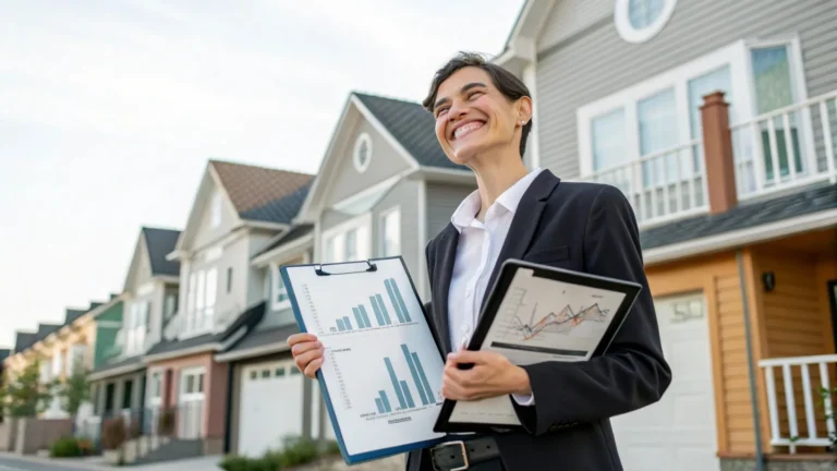 A smiling, confident person in business attire standing in front