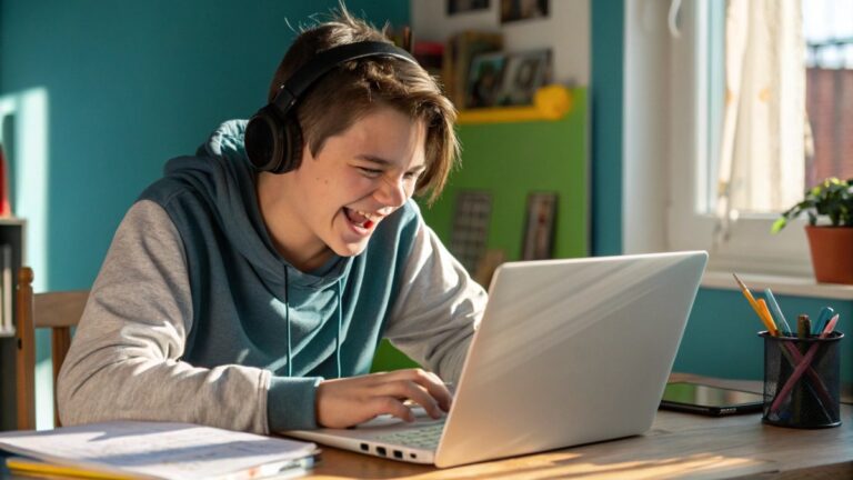 A smiling, energetic and optimistic looking teenager sitting at a computer desk, working on a laptop