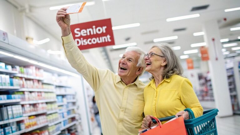 A smiling, energetic older couple in their 60s or 70s shopping together