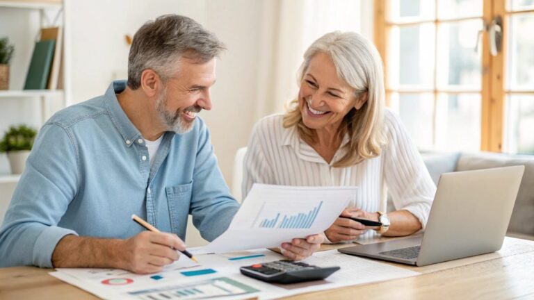 A smiling middle-aged man and woman sitting at a table and