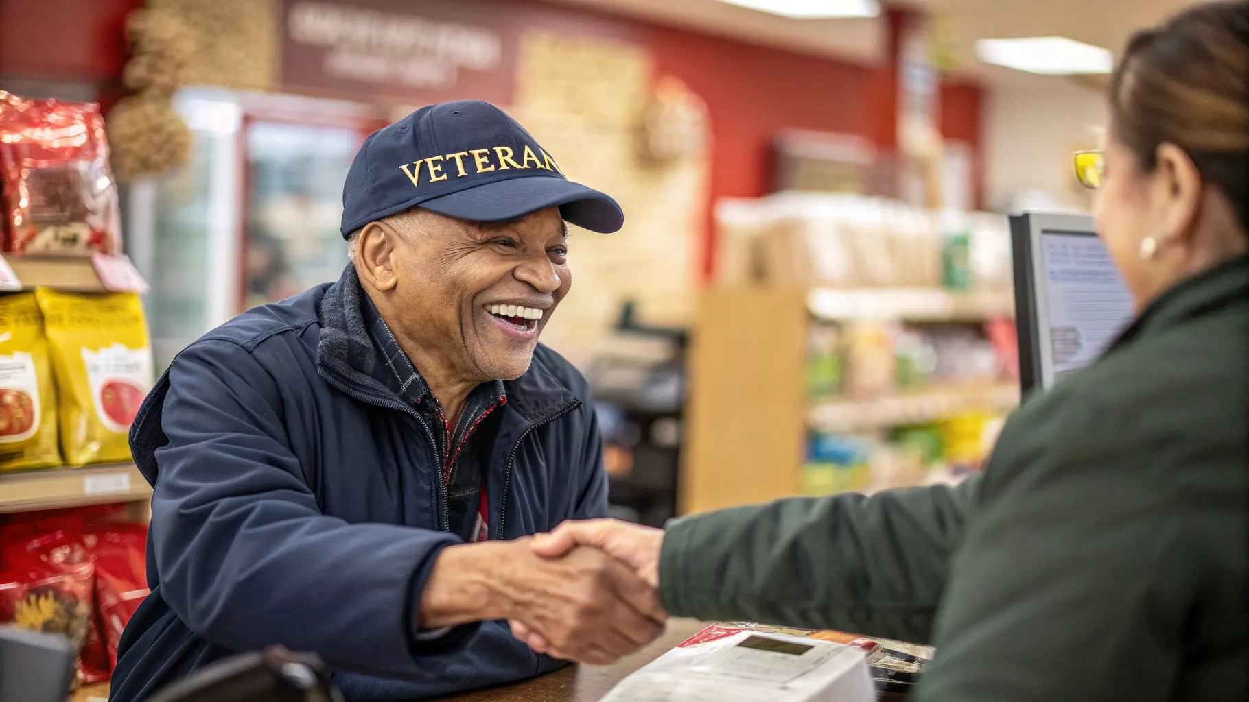 A smiling retired military veteran in their 60s wearing a navy