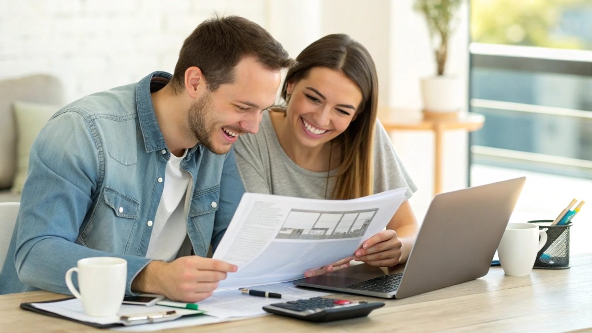 A smiling young couple sitting at a table, intently reviewing a stack of important-looking documents and blueprints