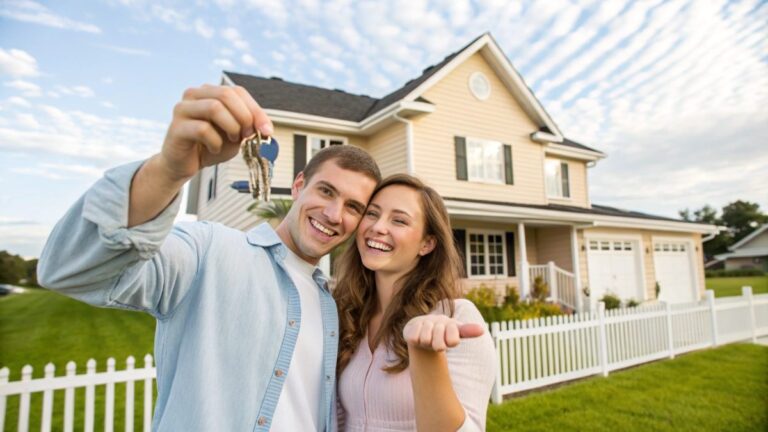 A smiling young couple standing proudly in front of their new single-family