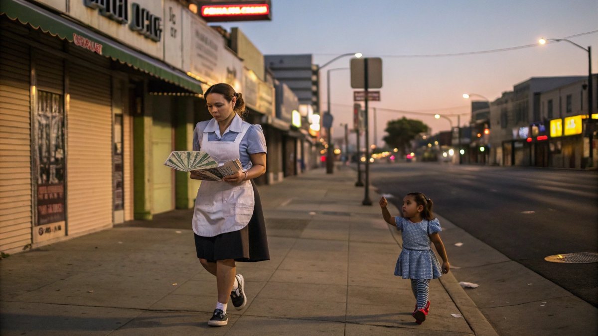 A tired but determined single mother in her 30s, wearing a waitress