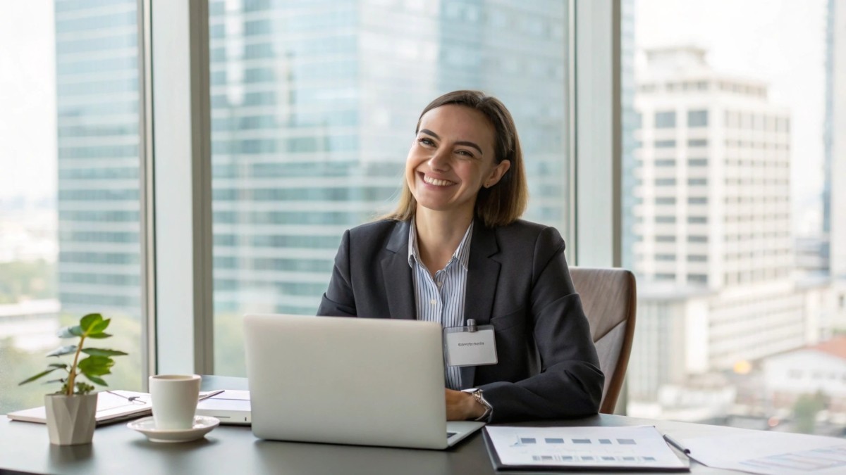 A woman in her 30s sitting at a desk in an office