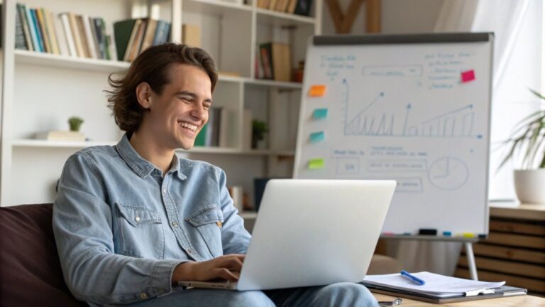 An attractive young person sitting relaxed in a cozy home office,