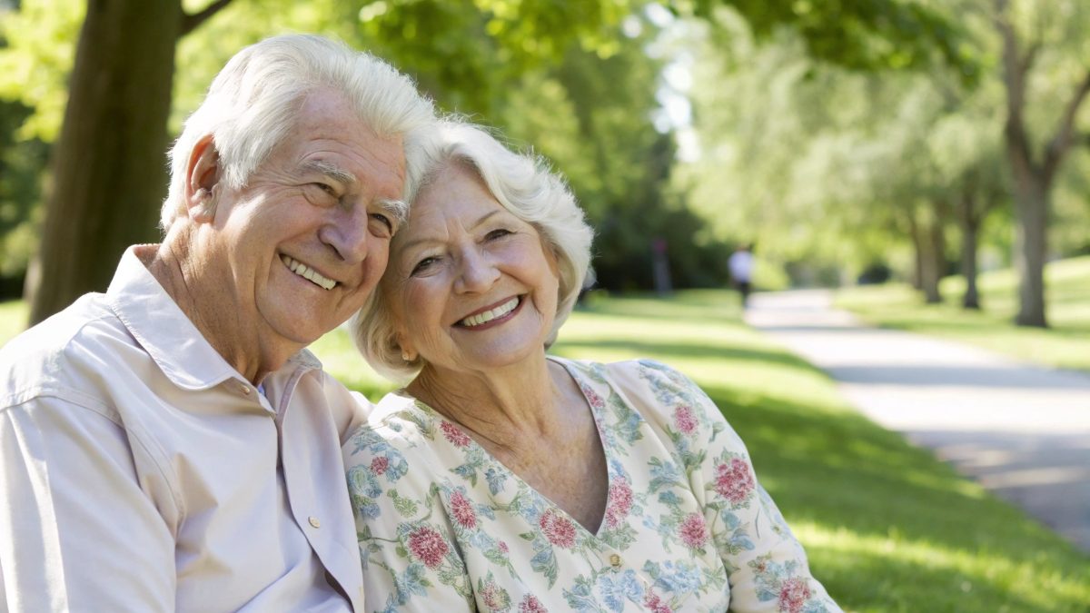 An elderly couple in their 70s sitting together outdoors on