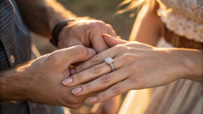 An intimate close-up photo of a man's hands gently holding a woman's