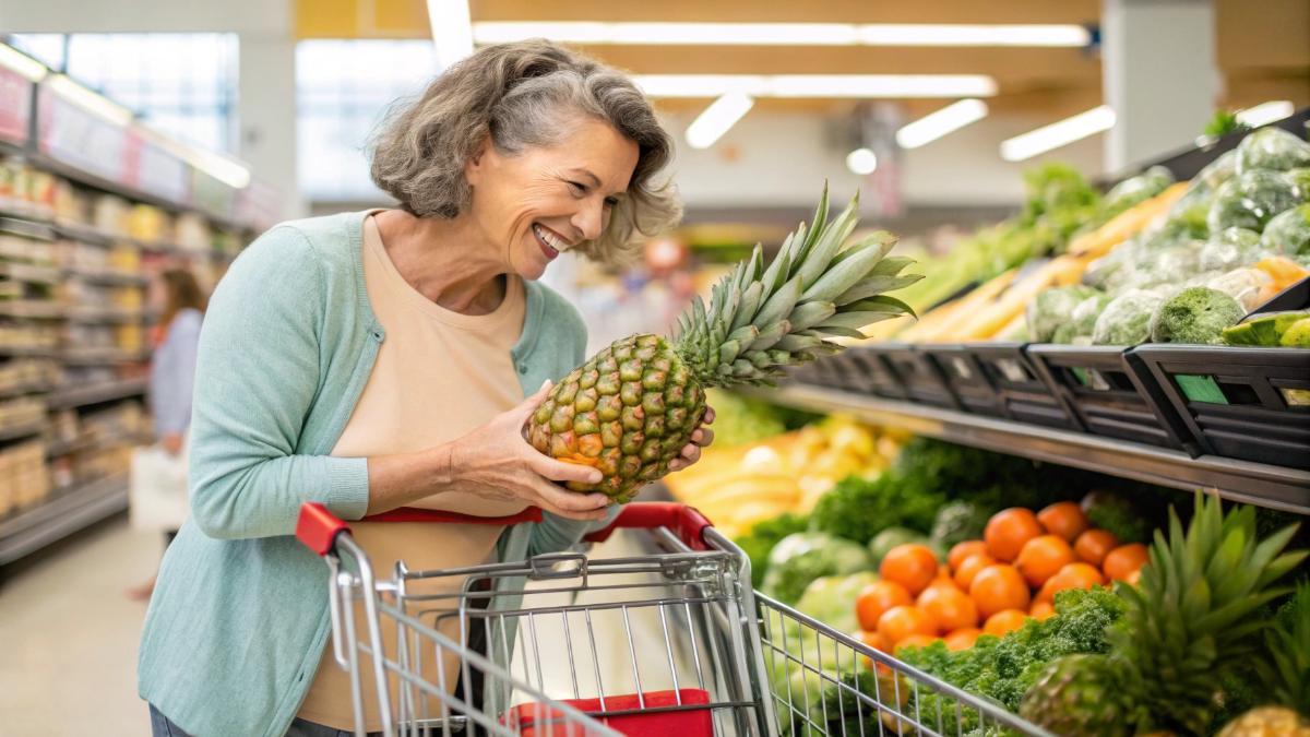 Cheerful middle-aged woman in a grocery store aisle, examining fresh whole pineapple and smiling