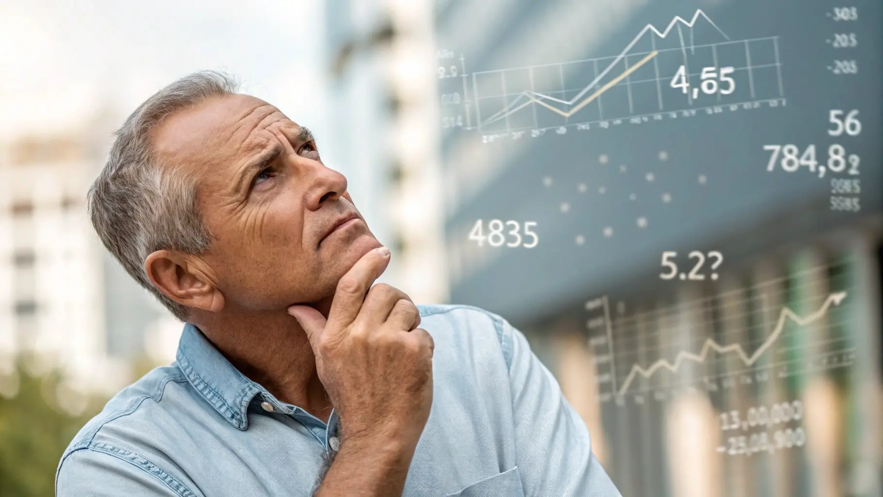 Close up portrait of a pensive mature man lost in thought, with numbers