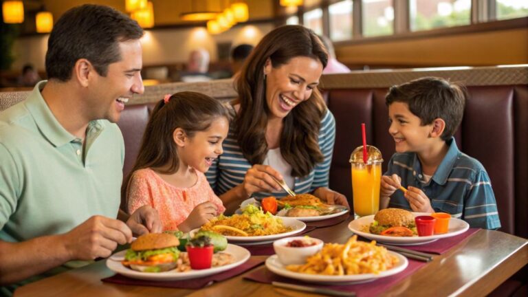 Detailed, colorful photo of a happy family with young children eating a delicious meal together