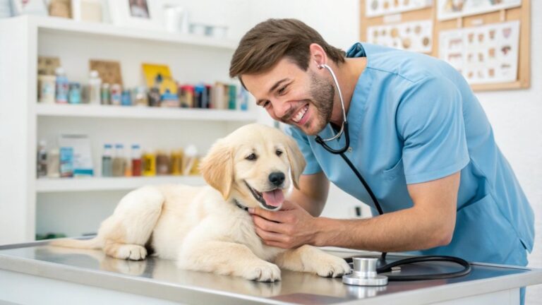 Detailed portrait of a smiling veterinarian examining a happy